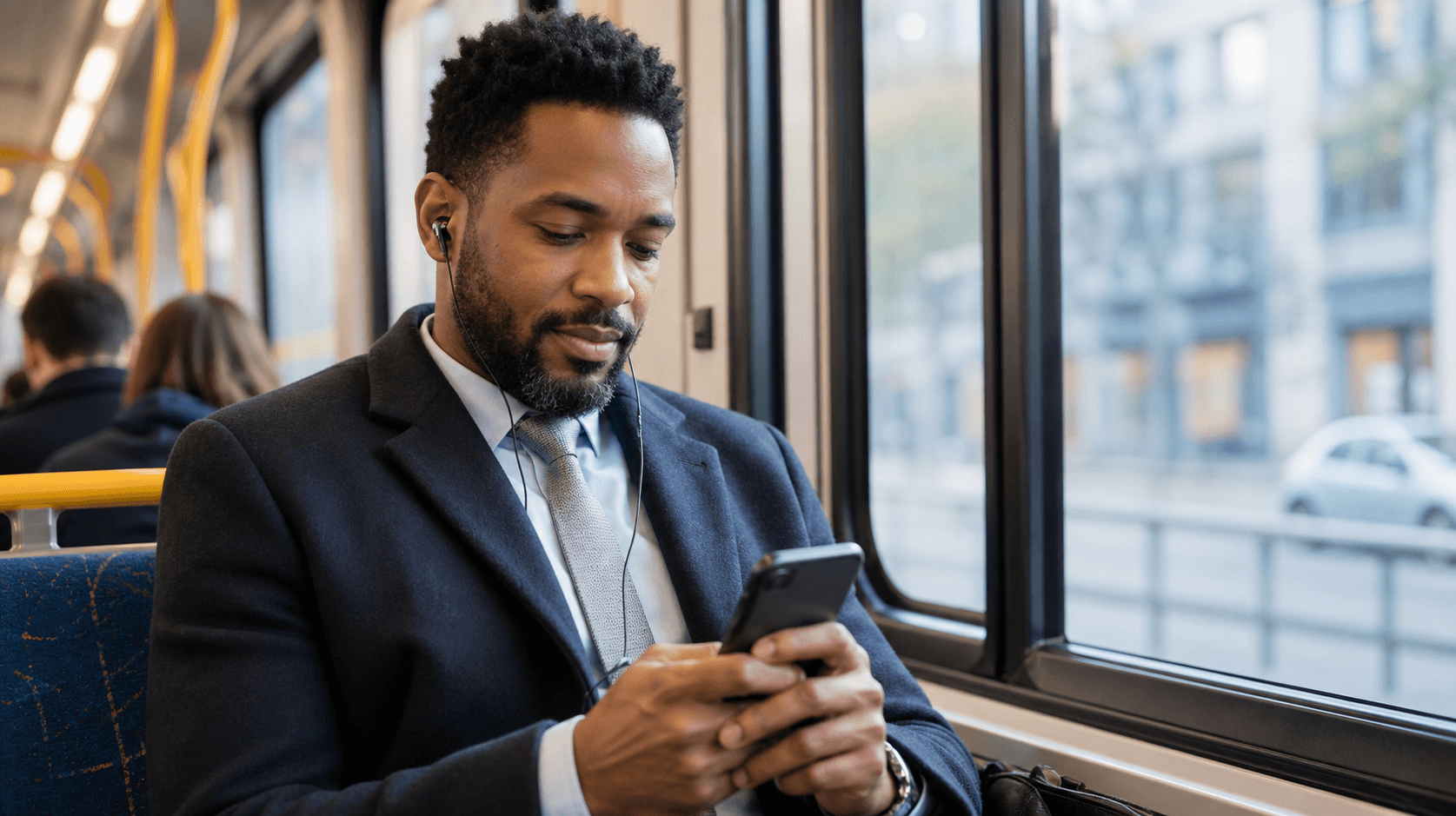 Homem usando o celular em um transporte público durante o trajeto