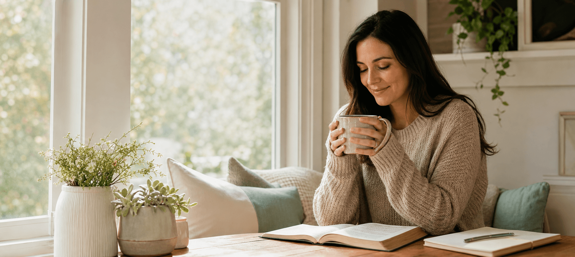 Mulher tomando uma bebida quente ao lado de uma Bíblia aberta pela manhã